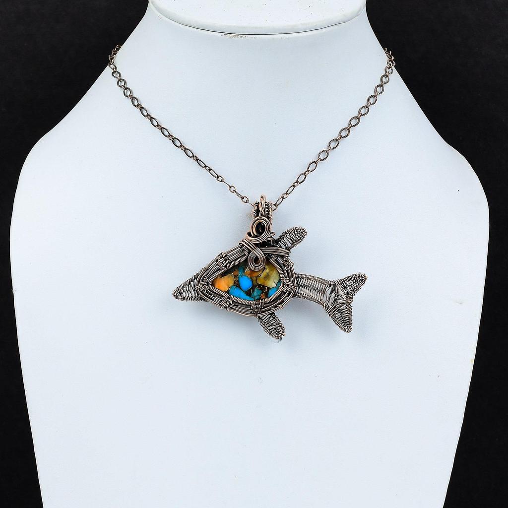 Unique Spiny Oyster Turquoise Gemstone Handmade Pure Copper Wire Wrapped Fish Pendant Jewelry