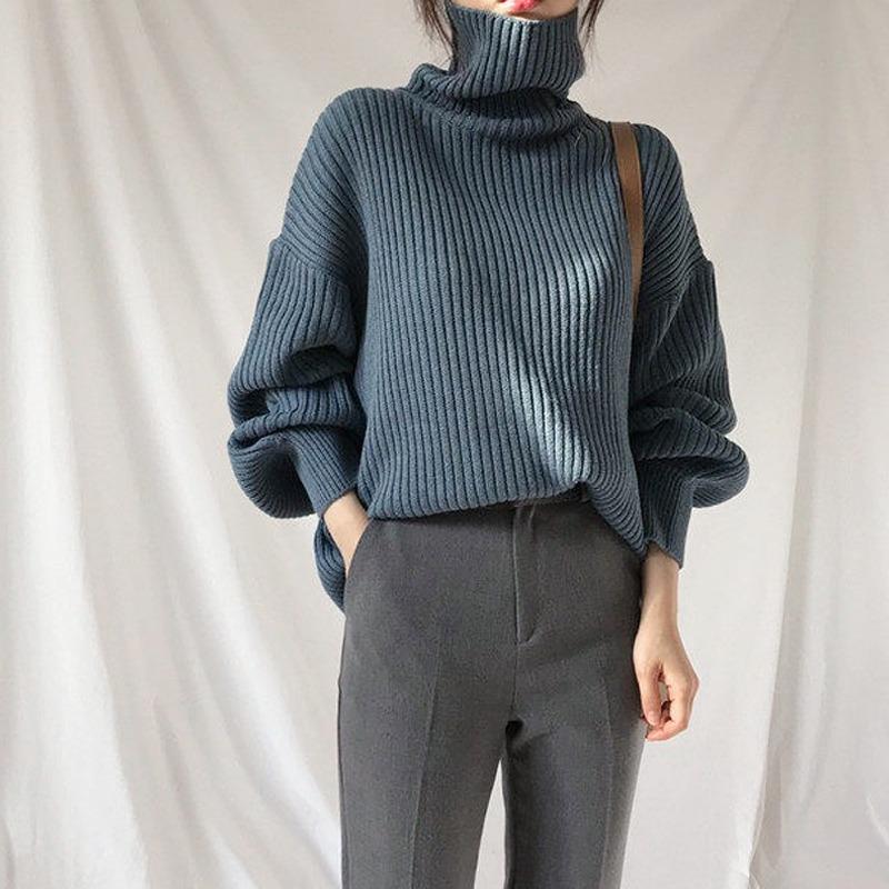 Autumn Turtleneck Knitted Sweater for Women Fashion Long Sleeve  Loose Winter Pullovers Women's Sweaters Elegant Solid Vintage Slim Fit Knitwear 25396