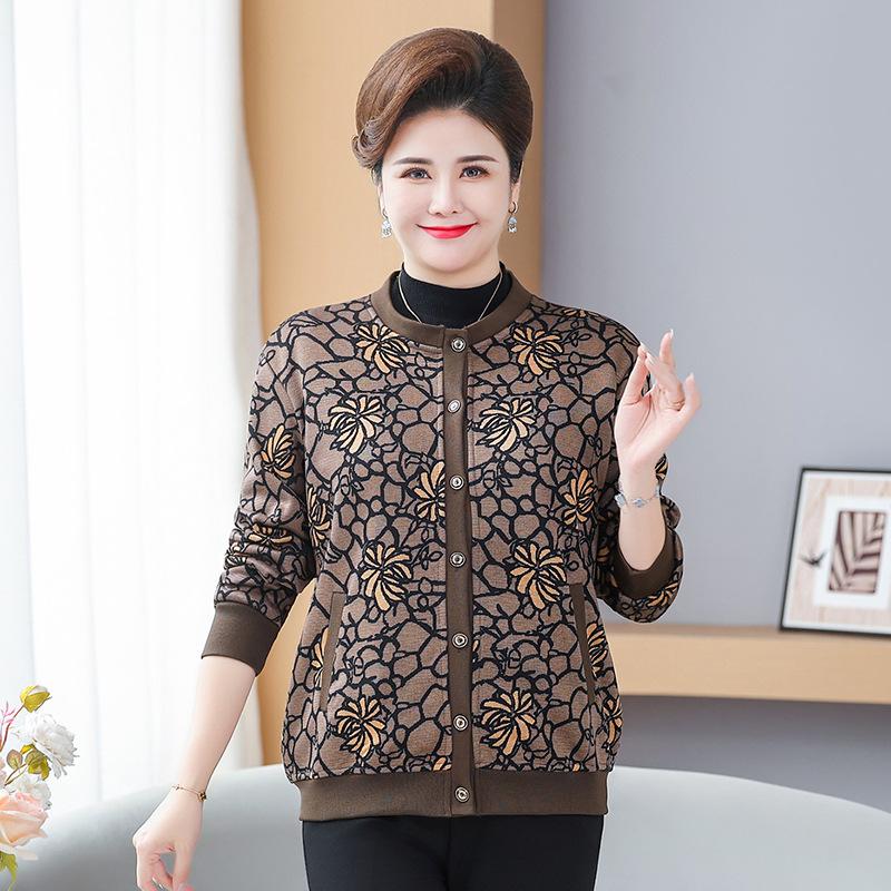 Fleece-Lined Knit Cardigan Jacket for Plus-Size Elderly Women for Autumn and Winter