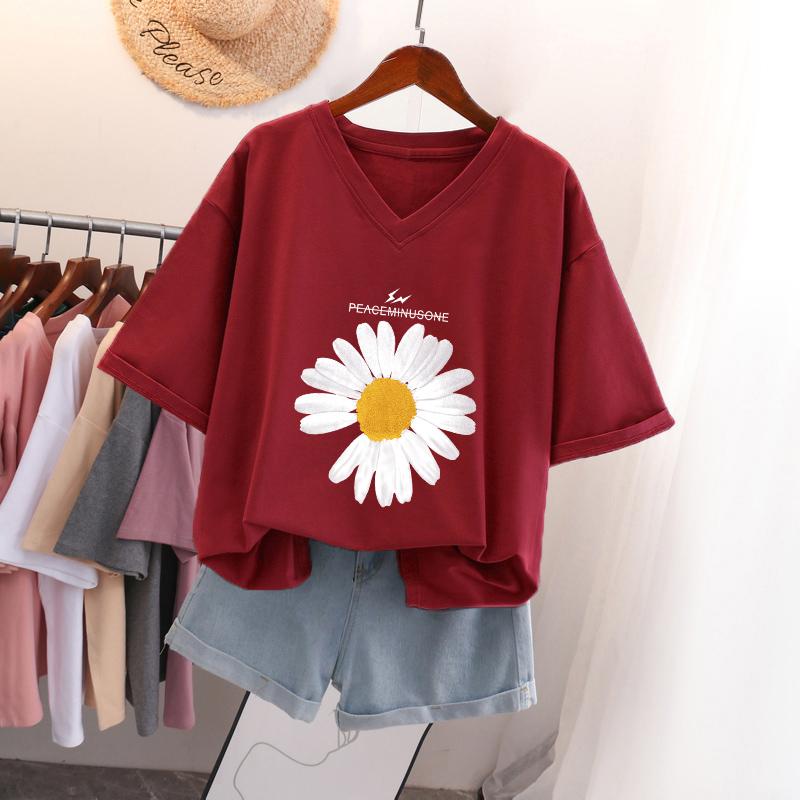 Short-sleeved T-shirt for Women, Large Size, Loose and Slimming, Printed V-neck Top