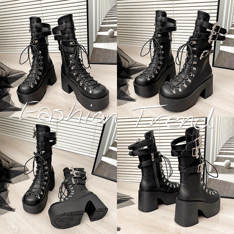 Fashion Women Fashion Leather Buckle Strap Platform Locomotive Boot Dark Punk Wind Women Tall Boots High Quality Knight Boot Botas Mujer