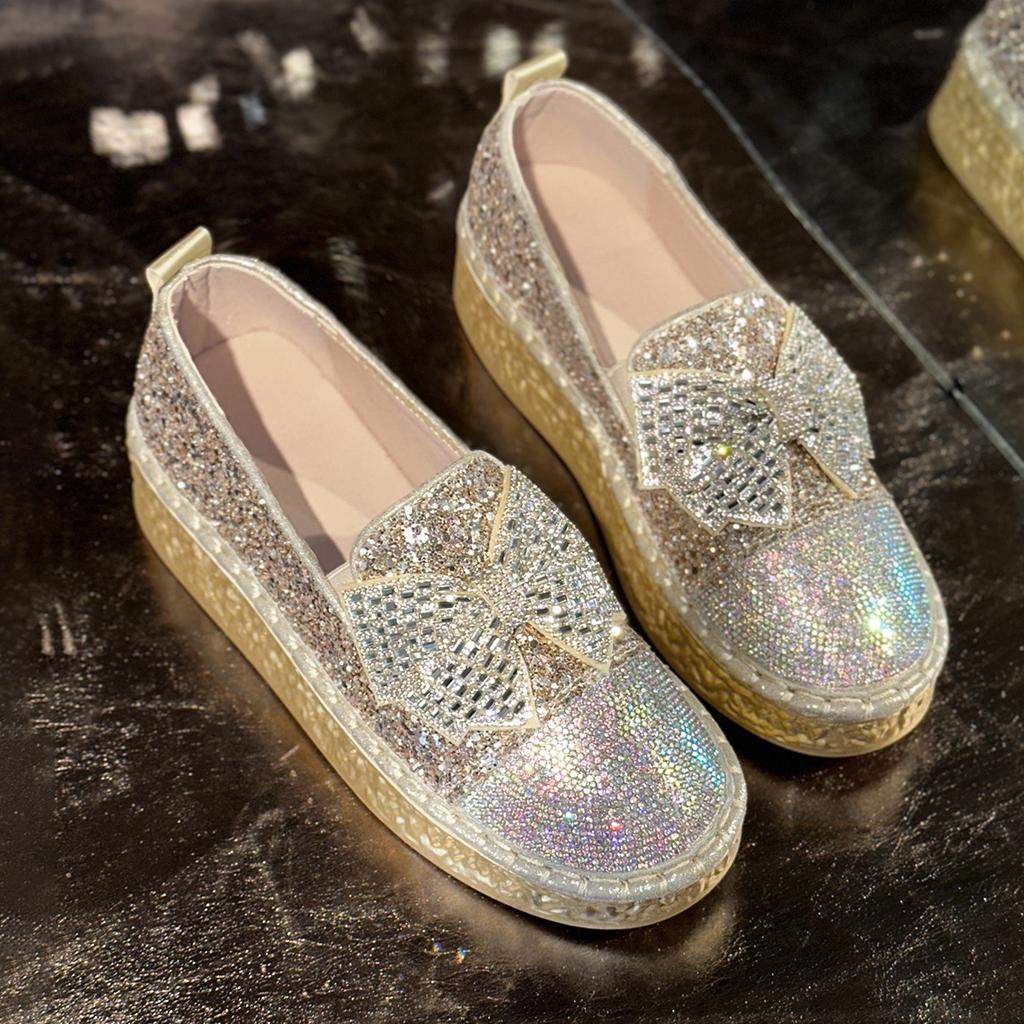 Aphixta Silver Bling Loafers Platform Butterfly Knot Dec Woman Shoes Spring Autumn Woman Chunky Heel Shoes Slip On Footwear