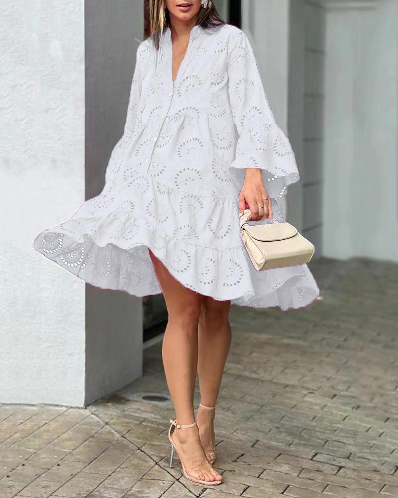 

2023 женское свободное винтажное однотонное кружевное платье, модное пляжное платье с v-образным вырезом и расклешенными рукавами, сексуальная мини-майка с полым узором