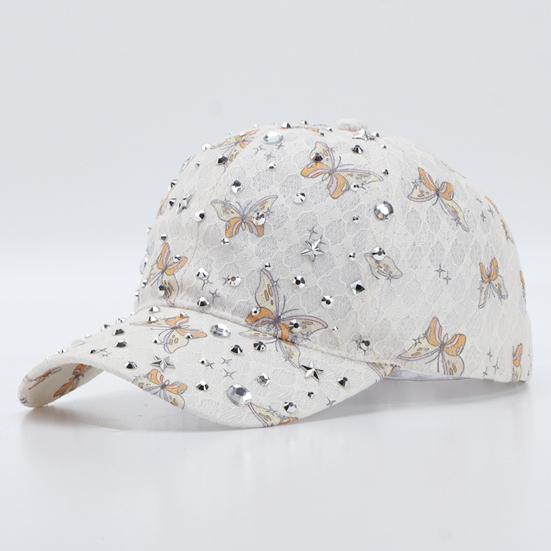 Baseball Hat Adjustable Back Buckle Butterfly Design Curved Brim Sun Protection Lace Hat with Rhinestones Inlaid Women Headwear