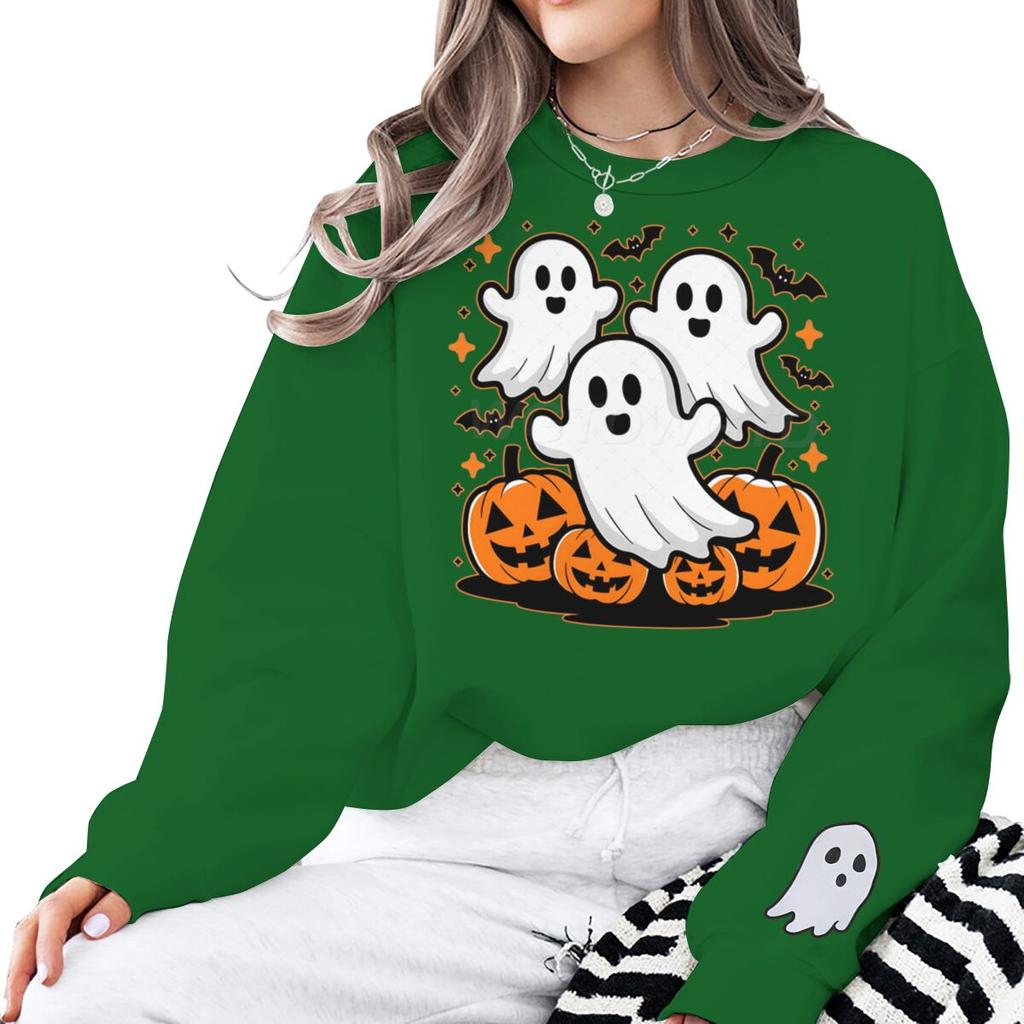 Halloween Cute Ghosts Pumpkin Print Sweatshirt Women Men Crew Neck Long Sleeve Pullover Cartoon Halloween Sweatshirts