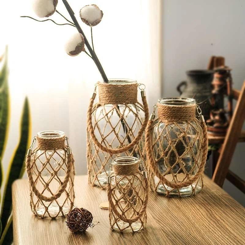 Rustic Hanging Glass Vase with Rope Net – Transparent Flower Vase with Hemp Rope for Home, Living Room & Table Decoration