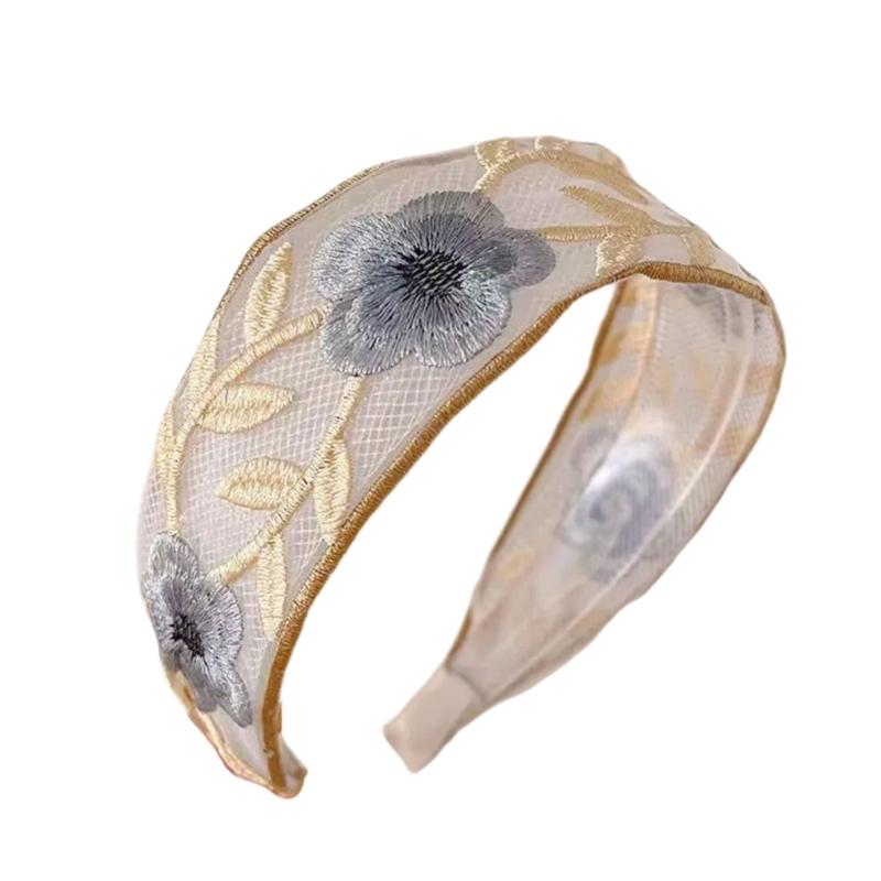Hand-Made Cotton Linen Hairband Intricate Embroidery Blossom Design Adjustable Wide Band Unisex Hair Accessory
