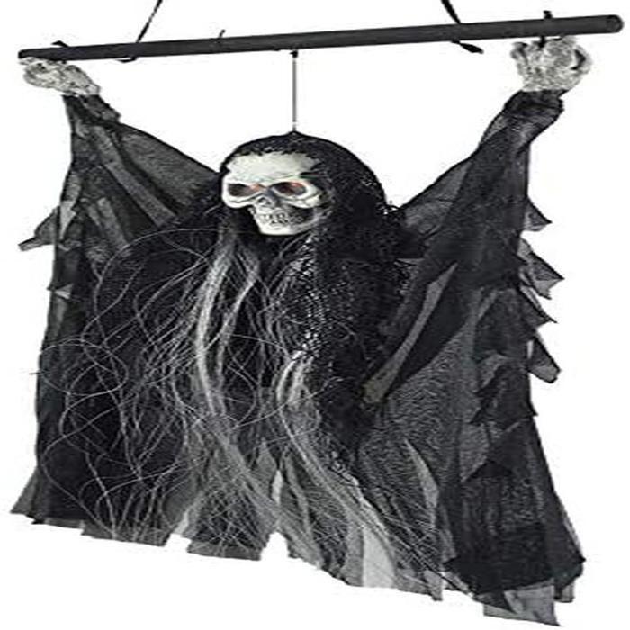 Décoration d'Halloween suspendue - AIMOONSA - Fantôme squelette électrique - Yeux lumineux rouges - Voix effrayante - 35 x 23 cm