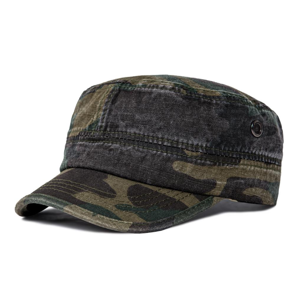 VOBOOM Washed Cotton Military Cadet Army Caps for Men Unique Design Adjustable Vintage Flat Top Hats with Air Hole