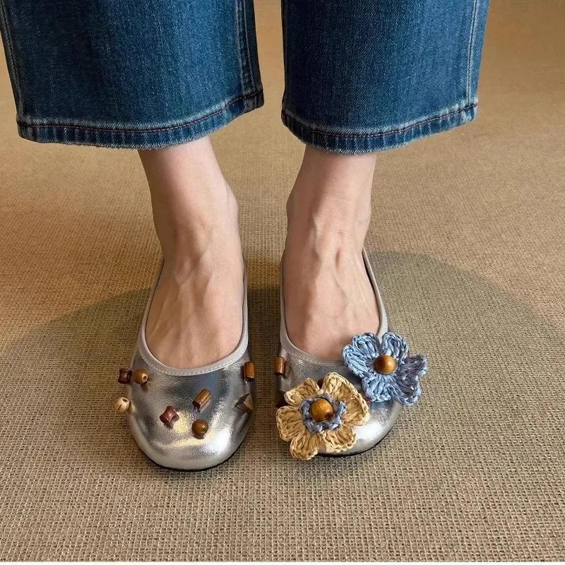 Fashion Sweet Flower Decoration Mary Jane Shoes Women 2025 Autumn Leather Round Toe Flats Casual Comfort Shallow Mouth Flat Loafers