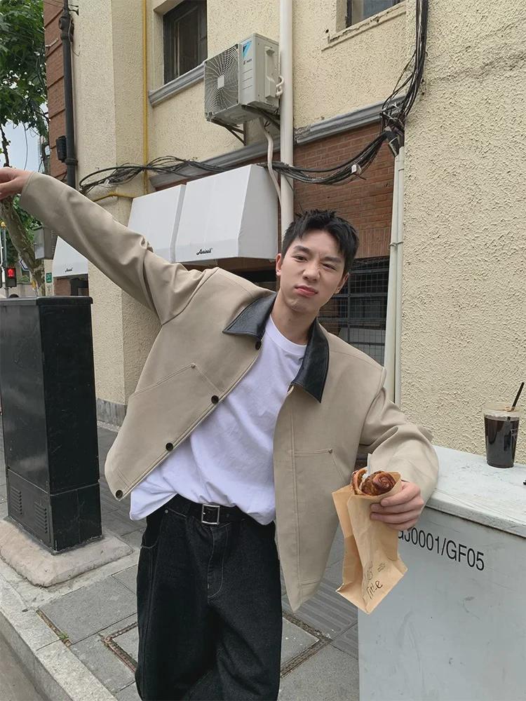 Korean Style Men's Contrast Lapel Leather Jacket - Autumn Short, Loose Fit with Padded Shoulders