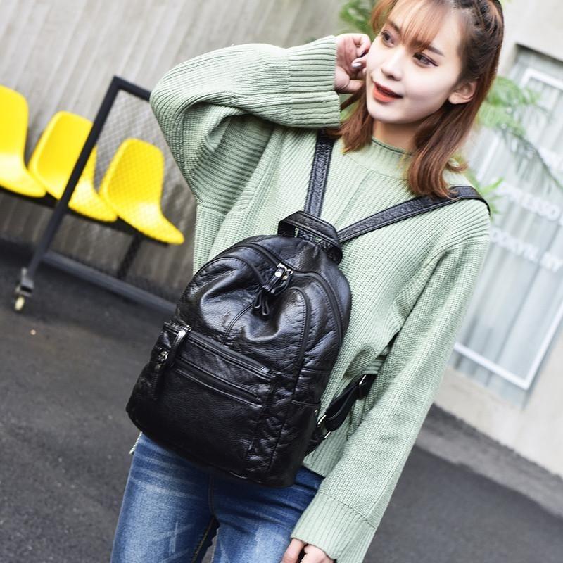 NIGEDU Damen-Rucksack aus weichem PU-Leder, Damen-Rucksack mit großem Fassungsvermögen, Schwarz, lässige Schultasche, Reisetasche, Tagesrucksack, Mochila