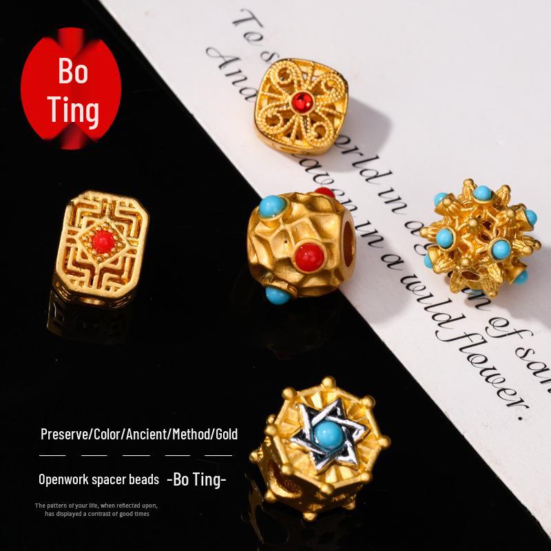 Ancient Gold Openwork Spacer Beads with Inlaid Blue Beads