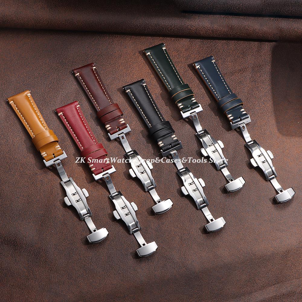 Vintage Calfskin Watch Strap 20mm 22mm 24mm Handmade Stitching Cowhide Watchband Stainless Steel Butterfly Clasp Bands with Box