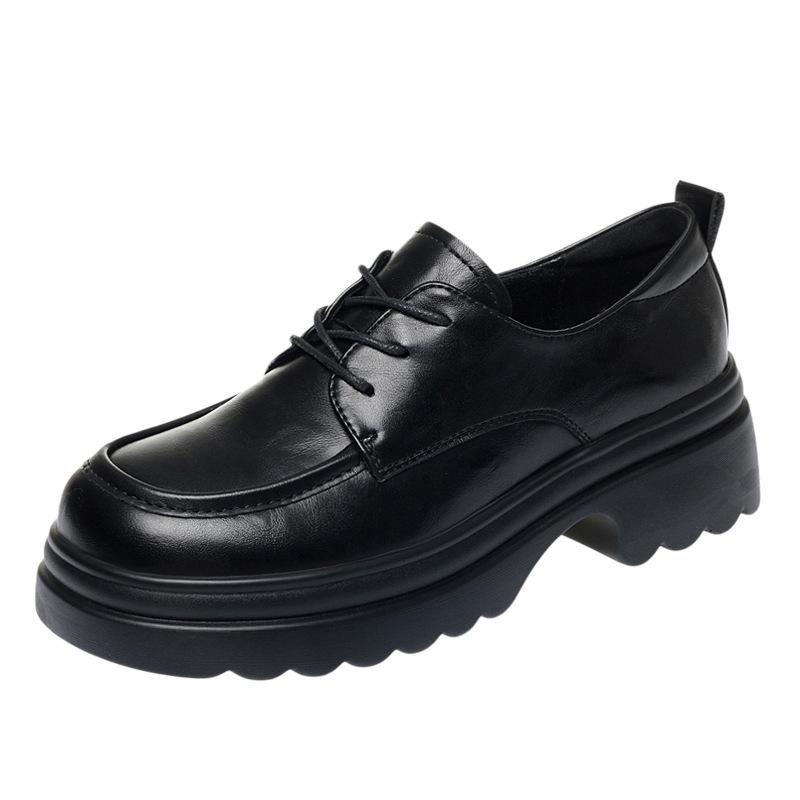 Coarse Heel Women's Shoes British Style Small Leather Shoes Women's Spring and Autumn Lace-up Loafers Versatile Round Head Platform Single Shoes