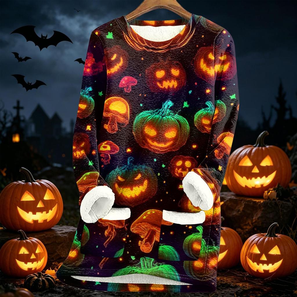 Long Sleeve Fleece Lined Pullover Sweatshirt with Halloween Print Thickened Sherpa Lining Warm Casual Loose Fit Top for Women Autumn Winter