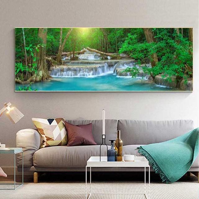 Krajina Přírodní Vodopád Obraz na plátně Zelený strom Jezerní list Plakáty a obrazy Nástěnný obraz Obývací pokoj Home Decor Bez rámu