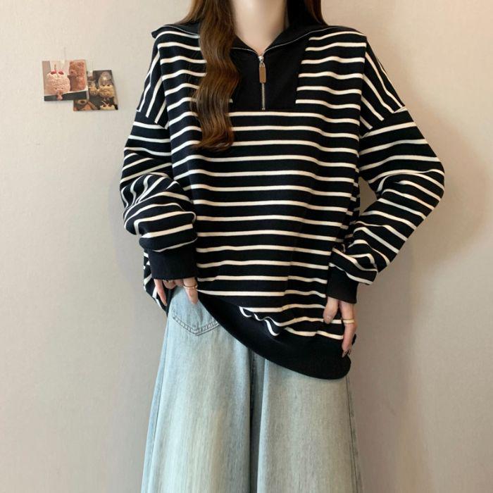 Women's Fleece-Lined Striped Half-Zip Polo Hoodie, Korean & Hong Kong Style, Loose Fit, Retro Chic, Perfect for Autumn & Winter