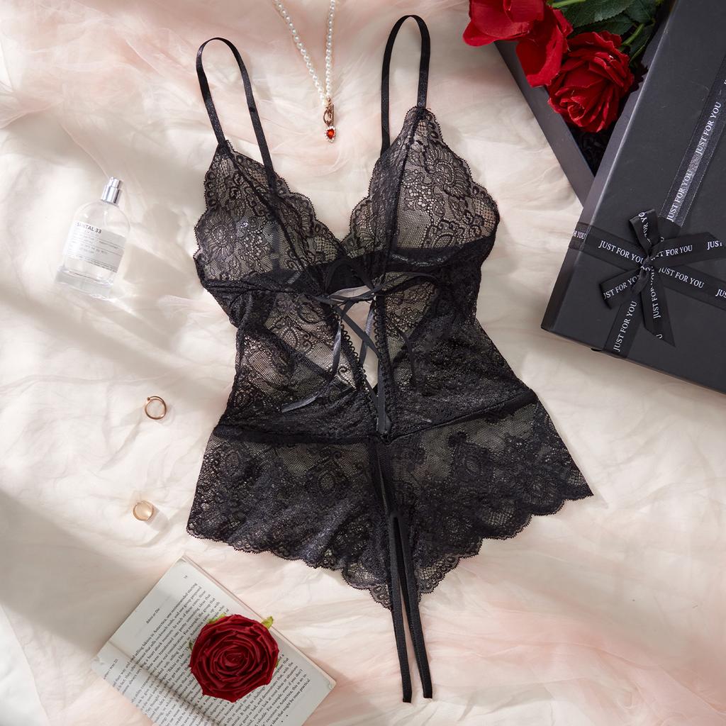 Exotic Apparel Lace Hollow Bodysuit Erotic Black Pajamas Sexy Crotchless Lingerie Babydoll Dress Deep V Back Closure Underwear