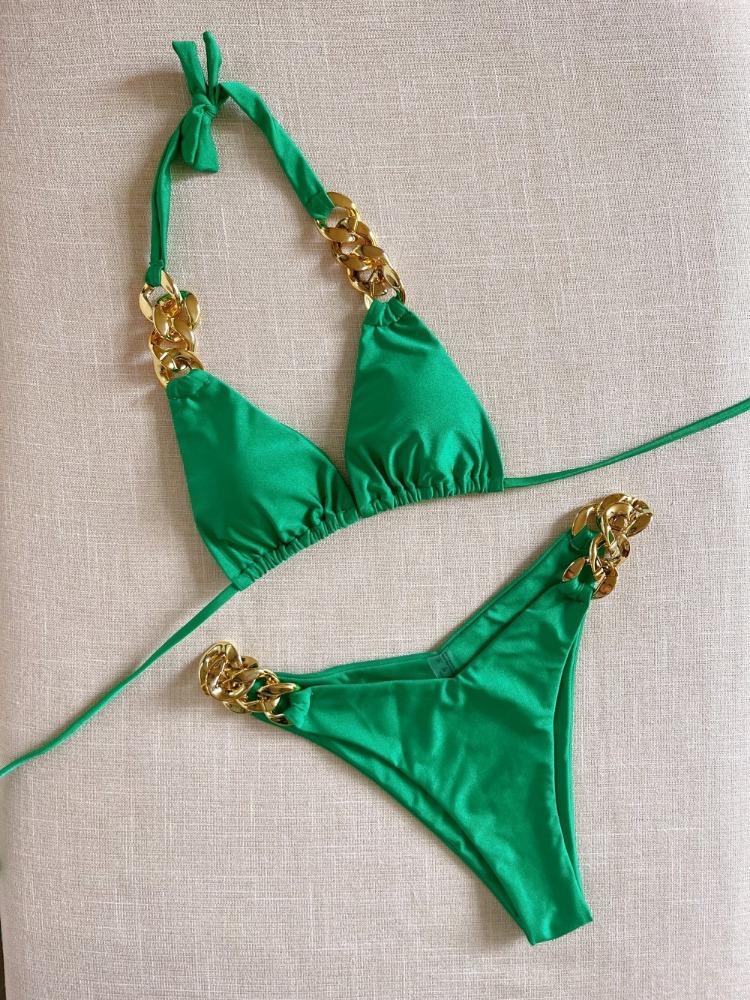 2025 Schwarzer Mode Bikini Neuer Sexy Badeanzug Frauen Große Goldkette Accessoire Träger Einfarbig Geteilter Badeanzug Strandparty Kleidung