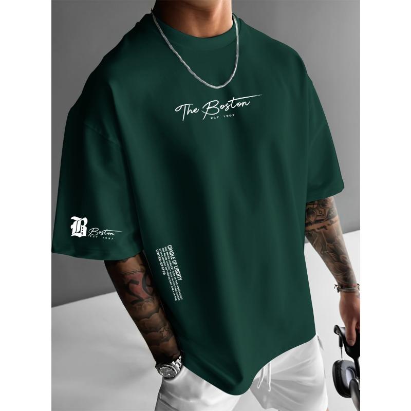 ETST46 Zomer Nieuw Mannen Casual Los Kort Gebreid Rond Hals T-shirt Boston 1997 Bedrukt Patroon Buiten Fitness Polyester Vezel Top XL