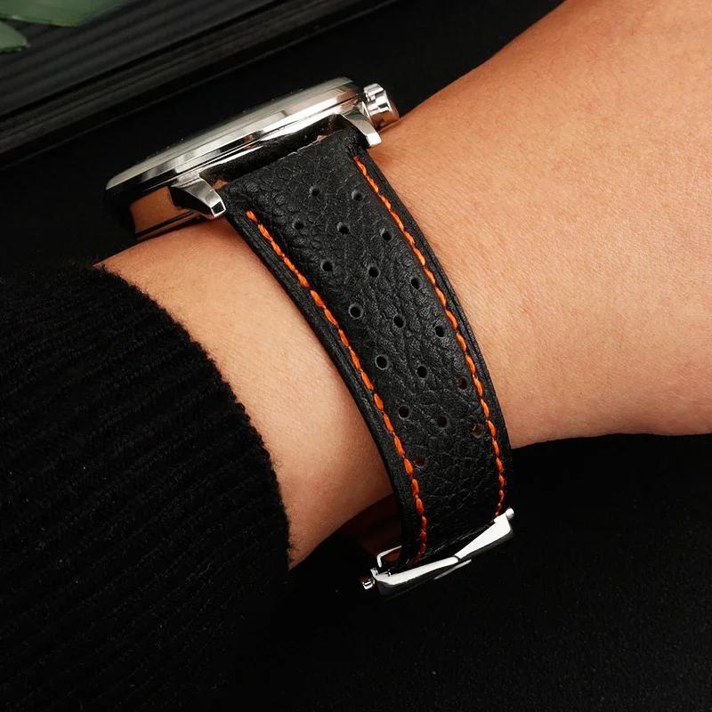 For TagHeuer Genuine Leather Solid Stainless Steel Fold Buckle Monaco Series Classic Blue Orange Line Cowhide 22mm Watch Strap