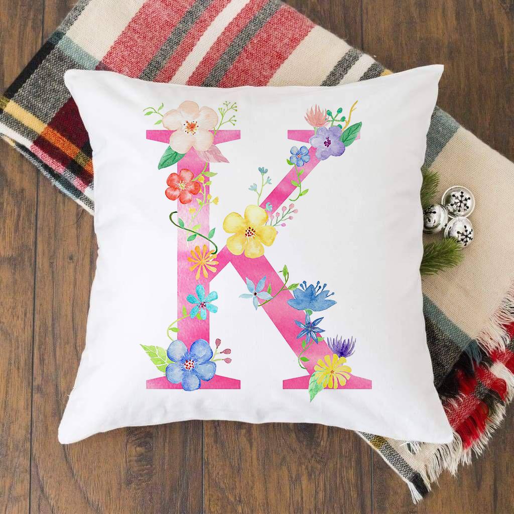 Pink Alphabet Flower Printed Cushion Cover Pillowcase English Letter A-Z Home Decorative Sofa Bed Backrest Pillow Cover 45*45cm