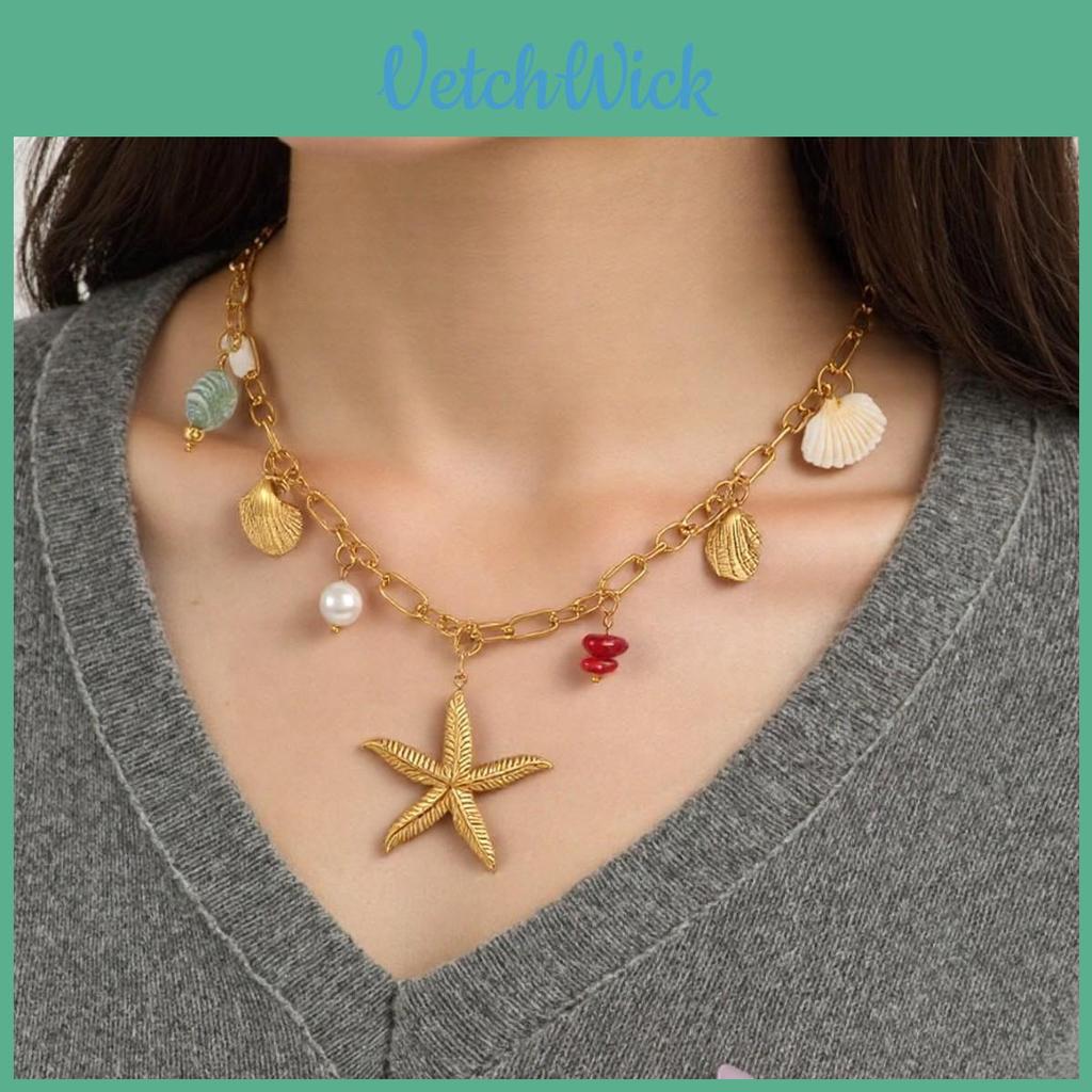 Ocean Style Starfish Shell Stainless Steel Necklace For Women With Geometric Design