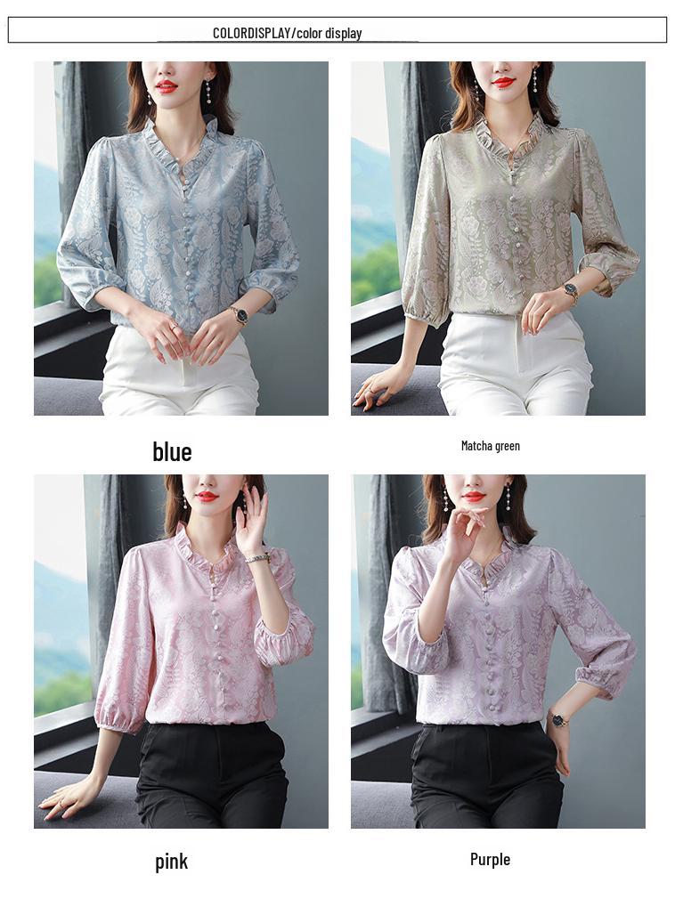 Women's Satin Three-Quarter Sleeve Ruffled V-Neck Top - French Style, Spring Collection, Flattering Fit