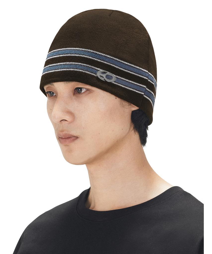 Opeunyadeu(Owai) Striped Metal Logo Beanie - Brown