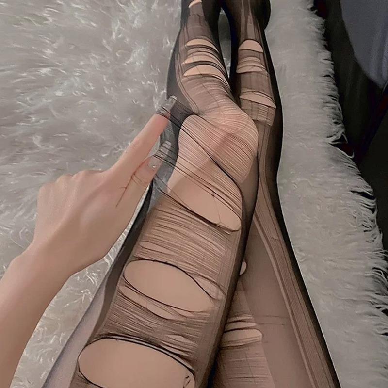 Donna Moda Punk Strappo Strappato Fori con Laccio Collant Nudi Sexy Lolita Gotico Ragnatela Calze da Donna Y2K Rete Nera Collant da Ragazza
