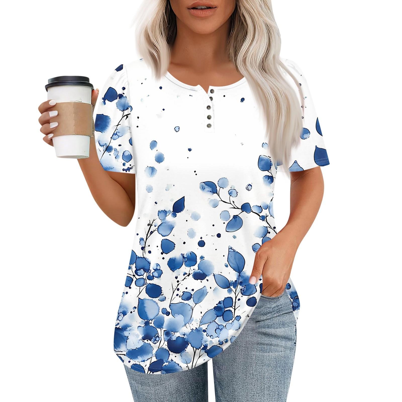 Women s Fashionable Casual Short Sleeve Button Print Round Neck Pullover Top L