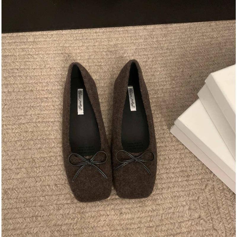 Fashion Woman Casual Square Head Bow Flats Flock Mocasines Ballerina Church Flats Female Suede Elegant Soft Sole Women Shoes