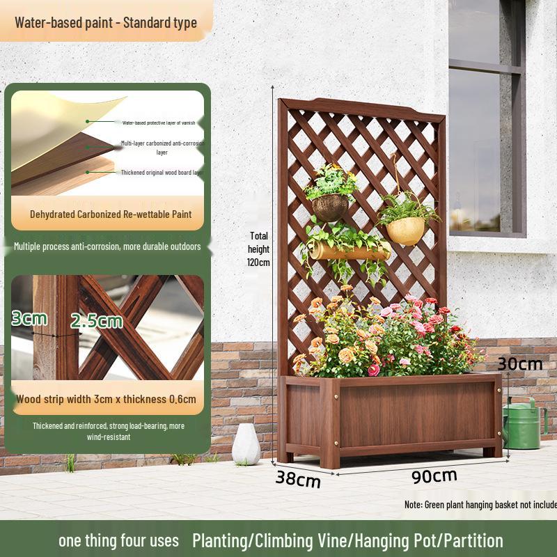 Carbonized Wooden Planter with Trellis: Outdoor Anticorrosive Flower Pot and Climbing Rack for Balcony or Garden.