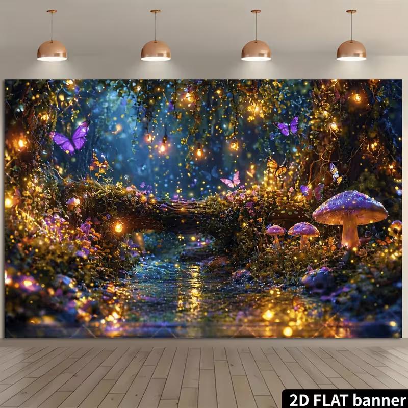 2D Enchanted Forest Backdrop, Magical Night Mushroom & Butterfly Photography Background