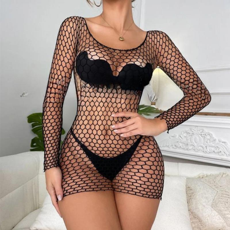 Women'S Sexy Fishnet Dress Hollowed Out Lingerie Lace Intimates Erotic See-Through Sleepwear Transparent Bag Hip Dressses