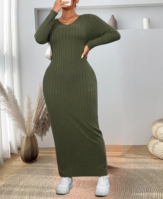 Plus Size Ribbed V-Neck Slim Fit Long Sleeve Dress 5XL армия зеленый