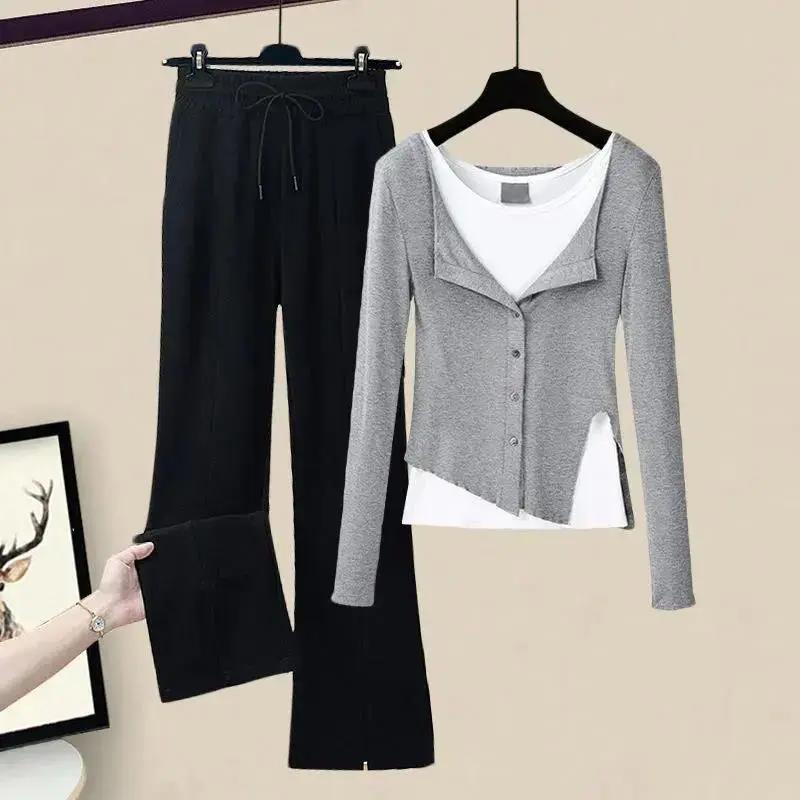 Women's Suit Spring and Autumn Gray Fake Two-piece Blouse, Bottoming Shirt, Split Wide-leg Casual Pants, Three-piece Suit for Women