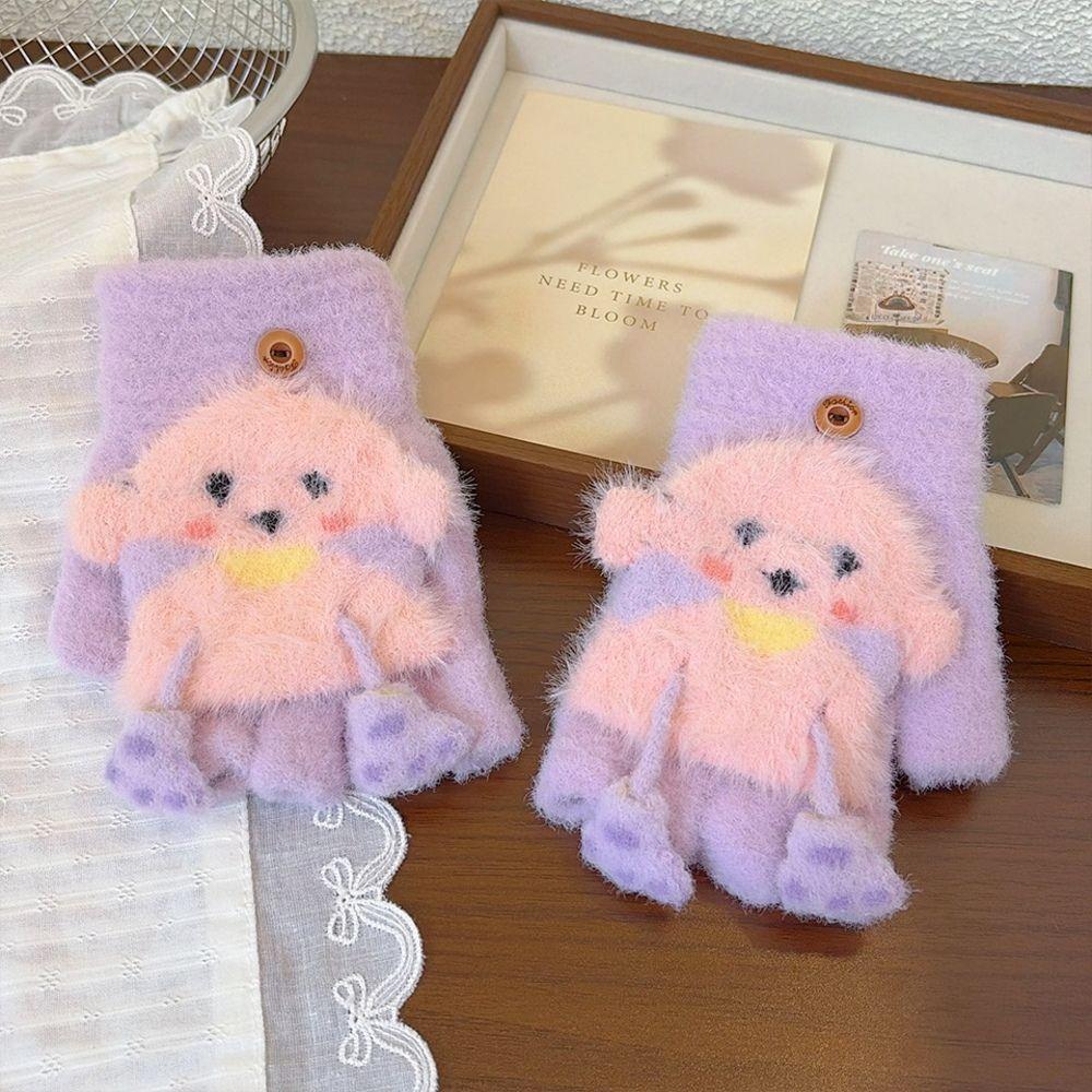 Thick Warm Cartoon Convertible Gloves Polyamide Bear Flip Top Gloves For Students