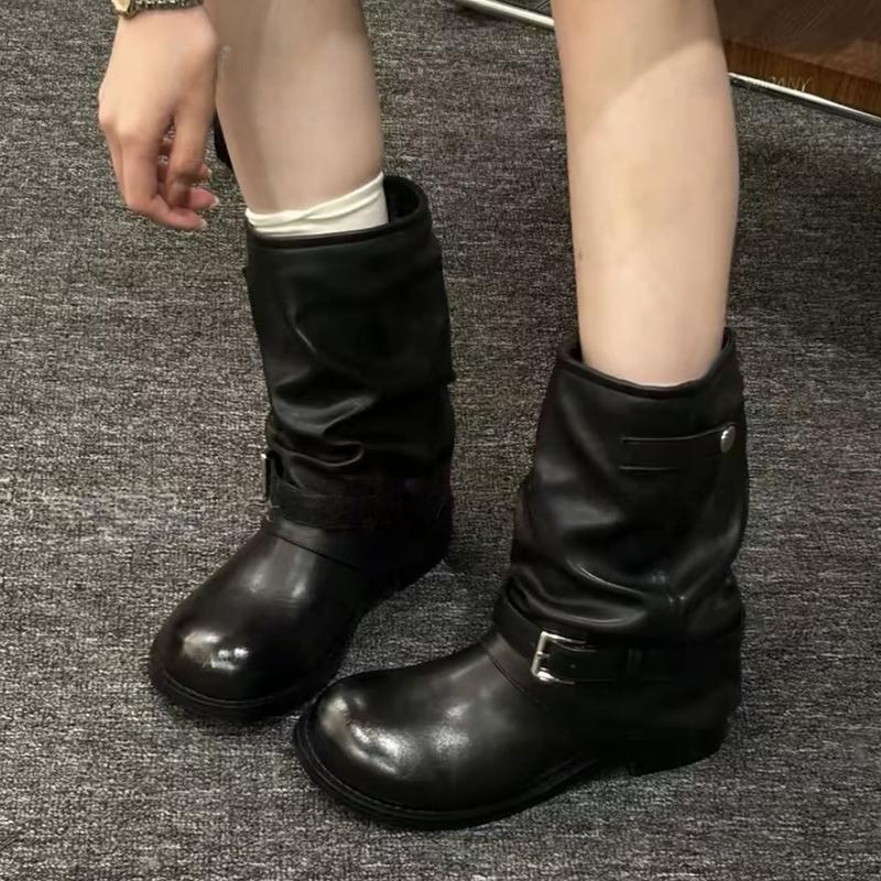 

Women s Boots Designer Mid Calf Heeled Shoes Winter Fashion Chelsea Boots New Trend Walking Retro Motorcycle Mujer Botas 40