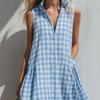 Fashion Urban Blue Plaid Sleeveless Maxi Dress Small Lapel Loose Fit 2026