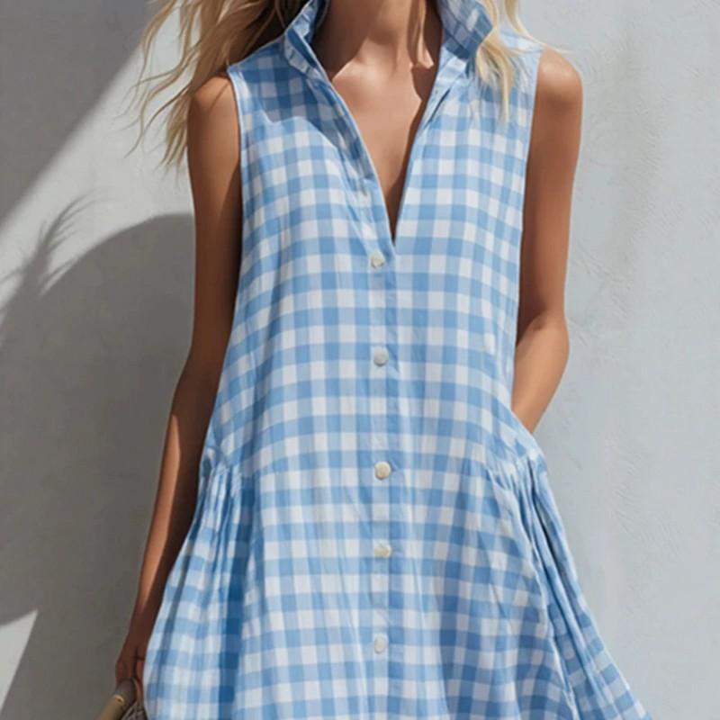 Fashion Urban Blue Plaid Sleeveless Maxi Dress Small Lapel Loose Fit 2026