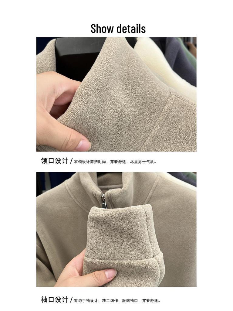 Men's Thick Coral Fleece Half-Zip Stand Collar Hoodie - Autumn/Winter Style, Solid Color, Fashionable