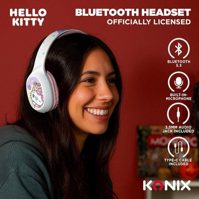 Casque audio - Sans fil - Konix - Hello Kitty - Bluetooth 5.3 PC, smartphones et tablettes - Autonomie 30 h - Blanc et rose