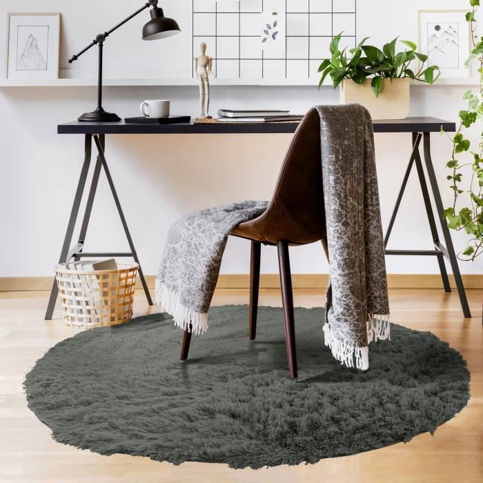 Shaggy Living Room or Bedroom Rug - Neo Yoga - Washable Round Rug with Fine Base In Extra Soft Long Pile Microfiber Dark Grey Ø 120