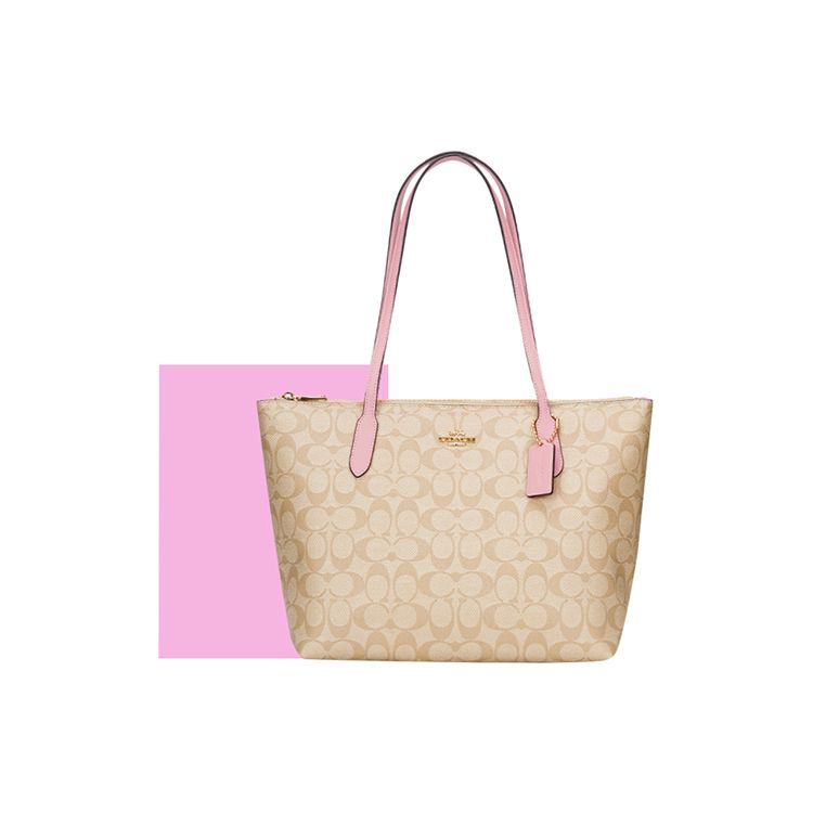 Coach Zip Top Tote 30 Vacation Style Tote Bag Shopping Bag Handbag PVC With Leather Large Women Tote Light-Khaki Cherry-Blossom-Pink 4455-IMSDJ