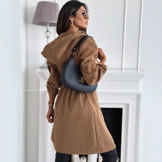 2025 European & American Women's Fashion Lace-Up Hooded Lapel Long Sleeve Coat for Autumn & Winter