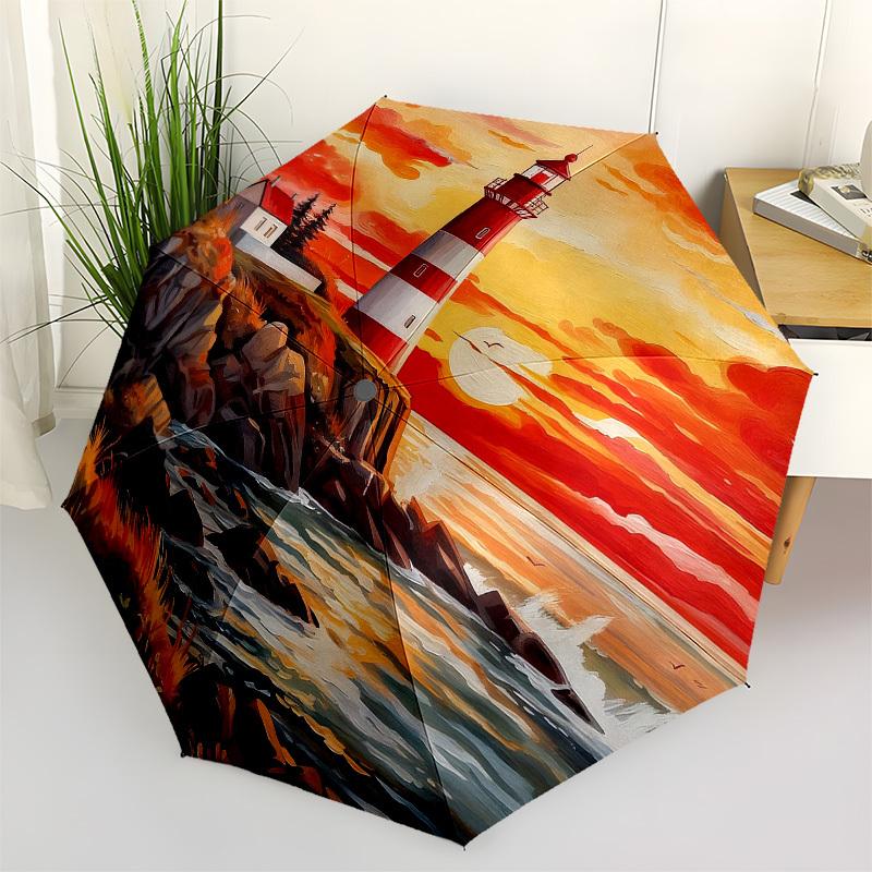 1pc Lighthouse Sunset Automatic Folding Umbrella, Heavy Duty 8 Rib Iron Frame,  Suitable for Travel, Daily Use, Birthday, Decor Gift M0105113