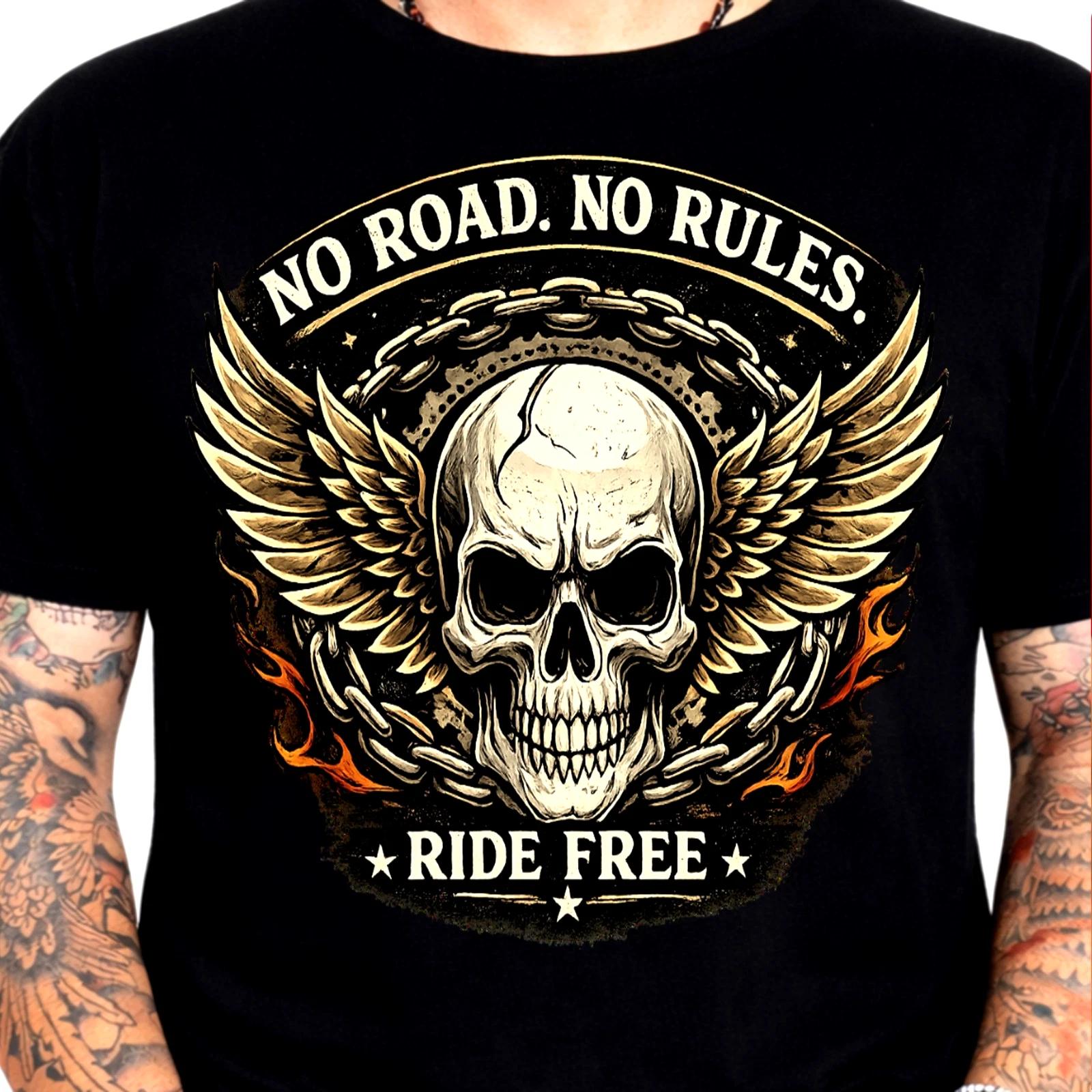 No Road No Rules Ride Free T-Shirt Winged Skull Biker Motorcycle Gothic Mens Tee XS