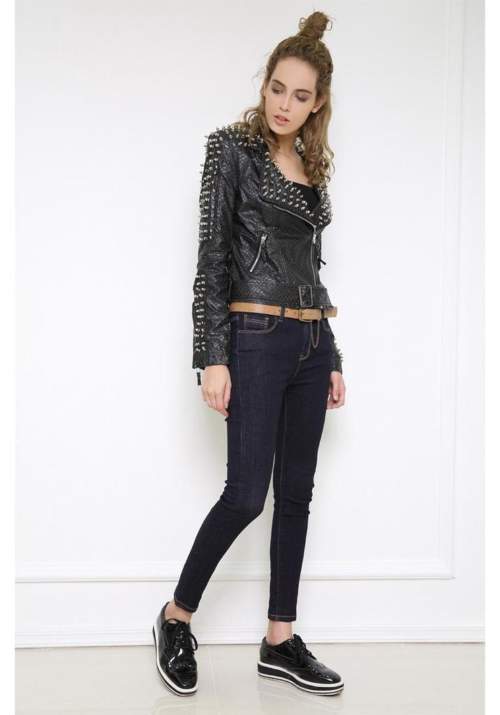 European & American Women's Punk Style Rivet Lapel Faux Sheepskin Motorcycle Jacket for Autumn & Winter